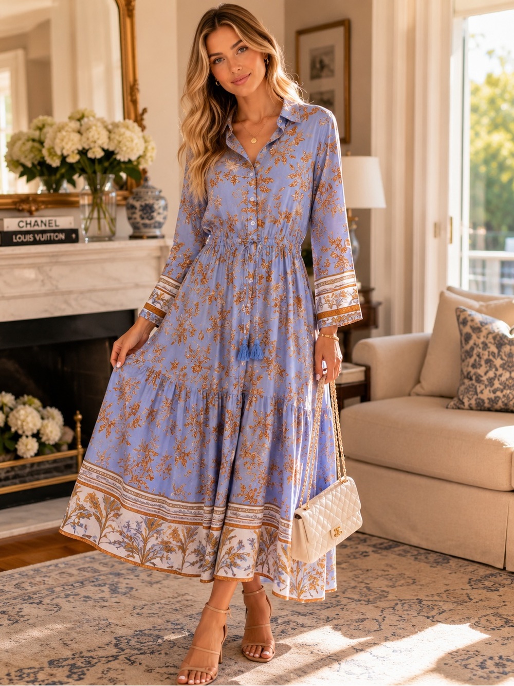 Nostalgia Blue Floral Midi Dress – Size Large